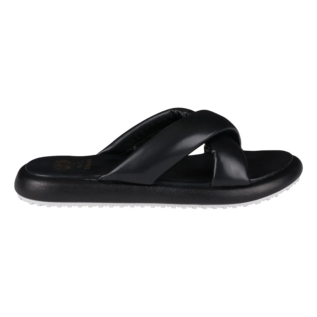 Nalani Black Cross-Strap Slide Flat Sandals