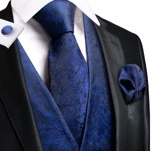 Navy Blue Floral Silk Men's Vest Hanky Cufflinks Tie Set Waistcoat Suit Set