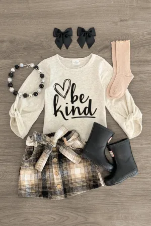 "Be Kind" Cream & Plaid Skirt Set