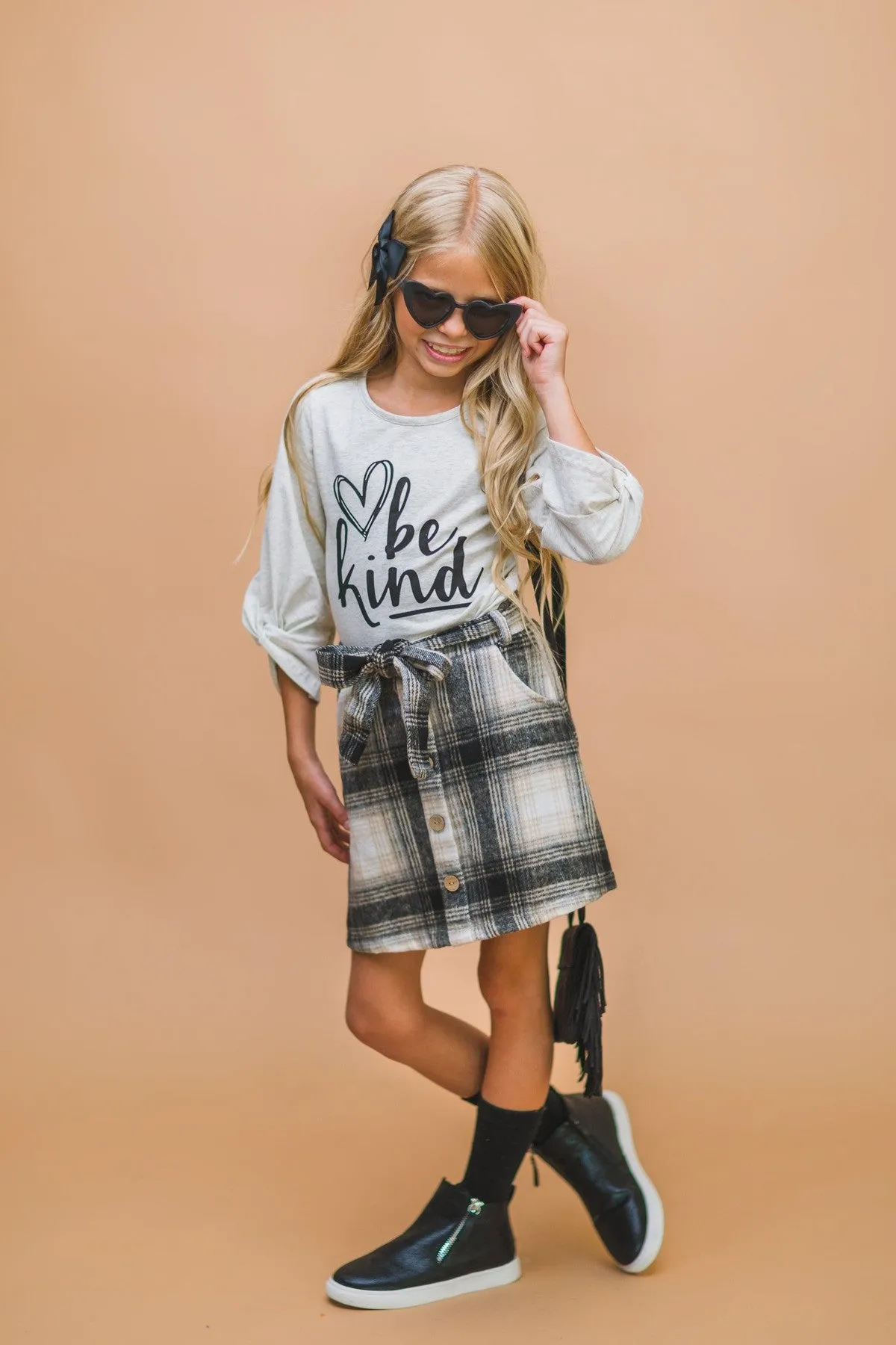 "Be Kind" Cream & Plaid Skirt Set