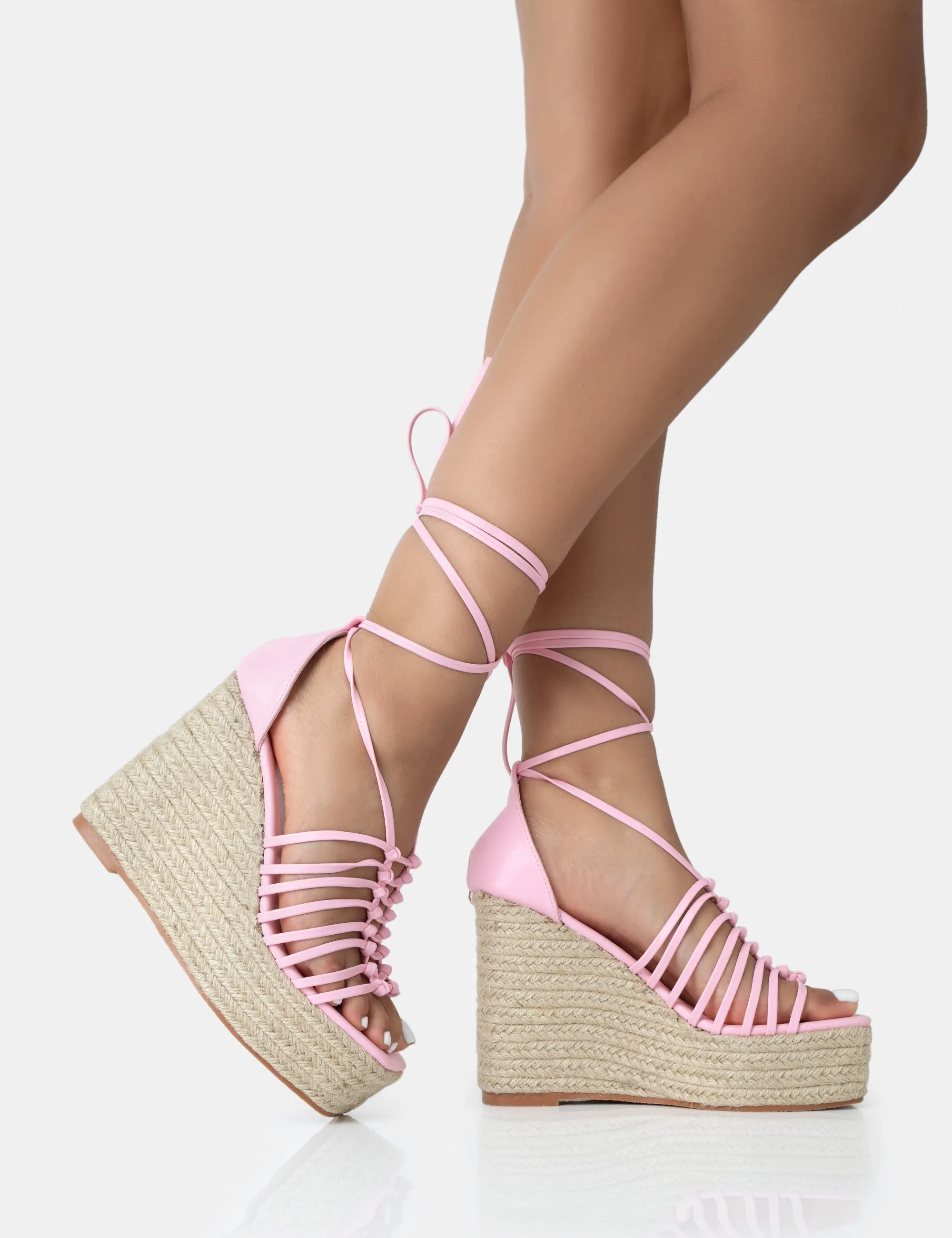 Reece Baby Pink PU Knot Strap Lace Up Raffia Wedge Heels