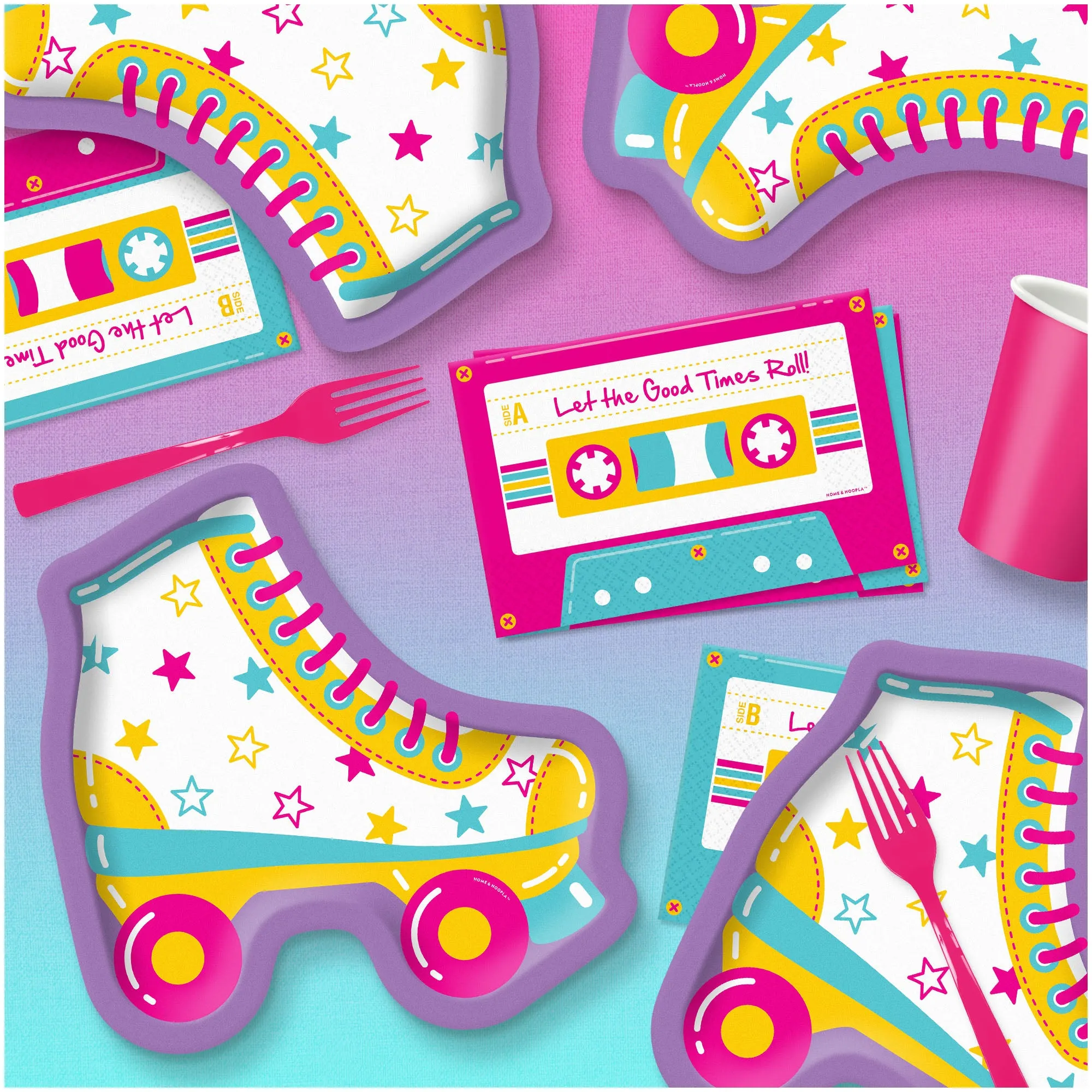 Retro Roller Skate Shaped Paper Dessert Plates & Cassette Tape Napkins For 70's, 80's, & 90's Decades Party Supplies (16 Plates & Napkins)