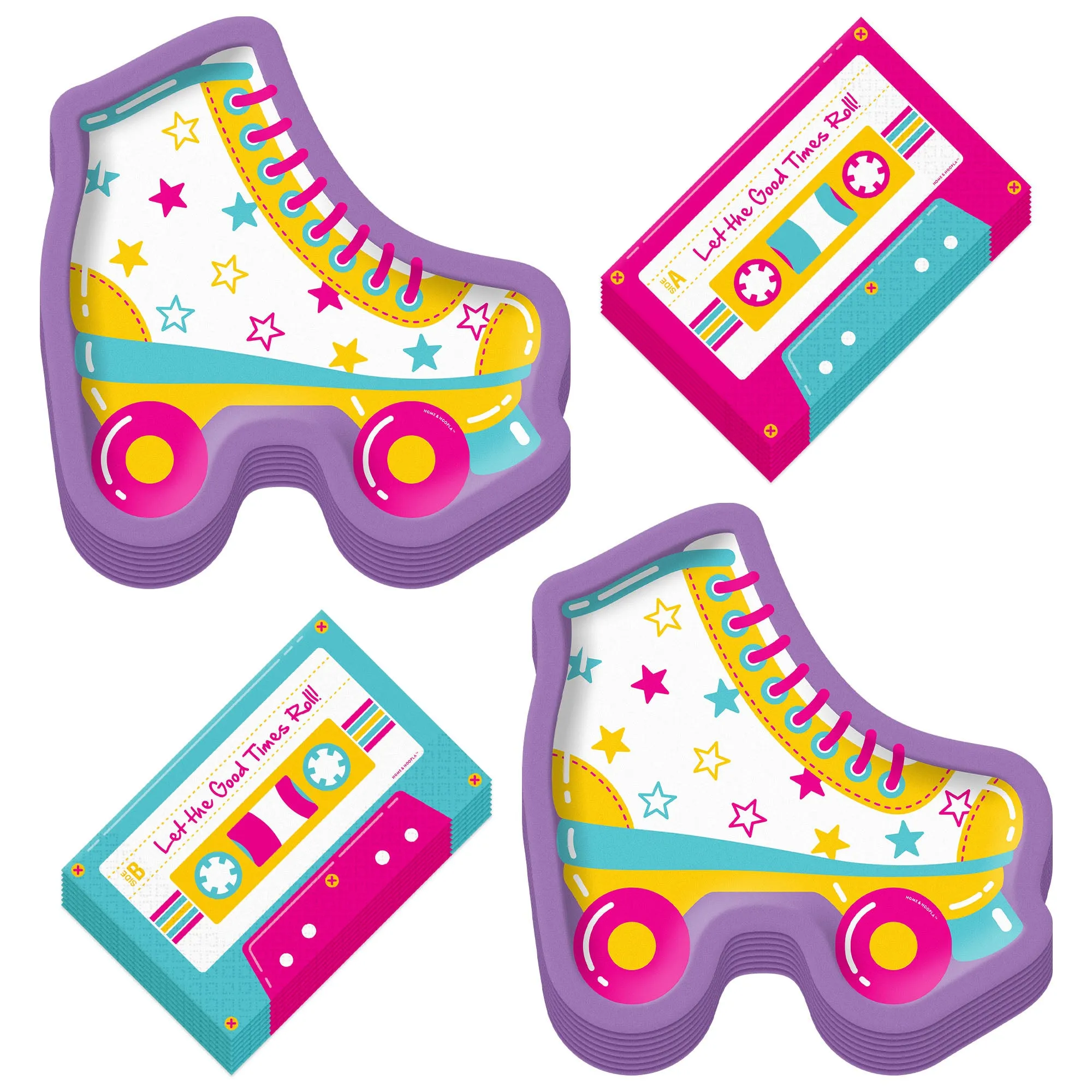 Retro Roller Skate Shaped Paper Dessert Plates & Cassette Tape Napkins For 70's, 80's, & 90's Decades Party Supplies (16 Plates & Napkins)