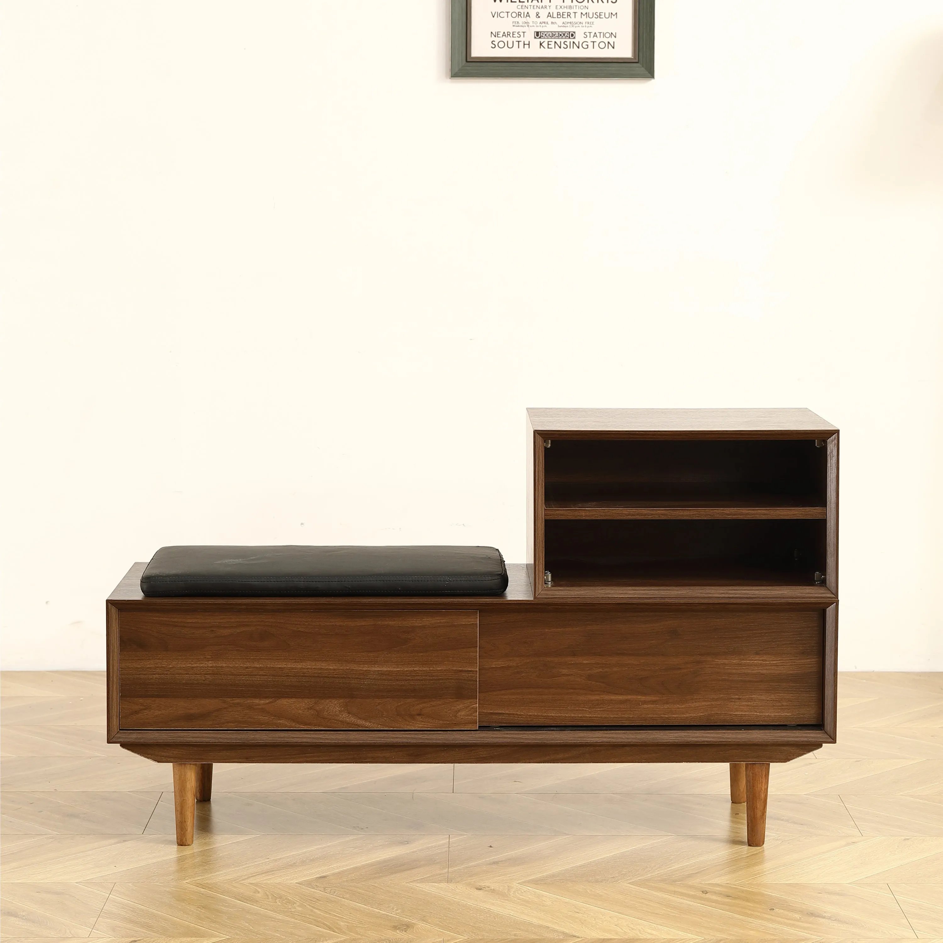 Spacious Modern Shoe Changing Cabinet - 47.24 Inch, Black Walnut Finish, Solid Wood Legs, Cushioned Seat