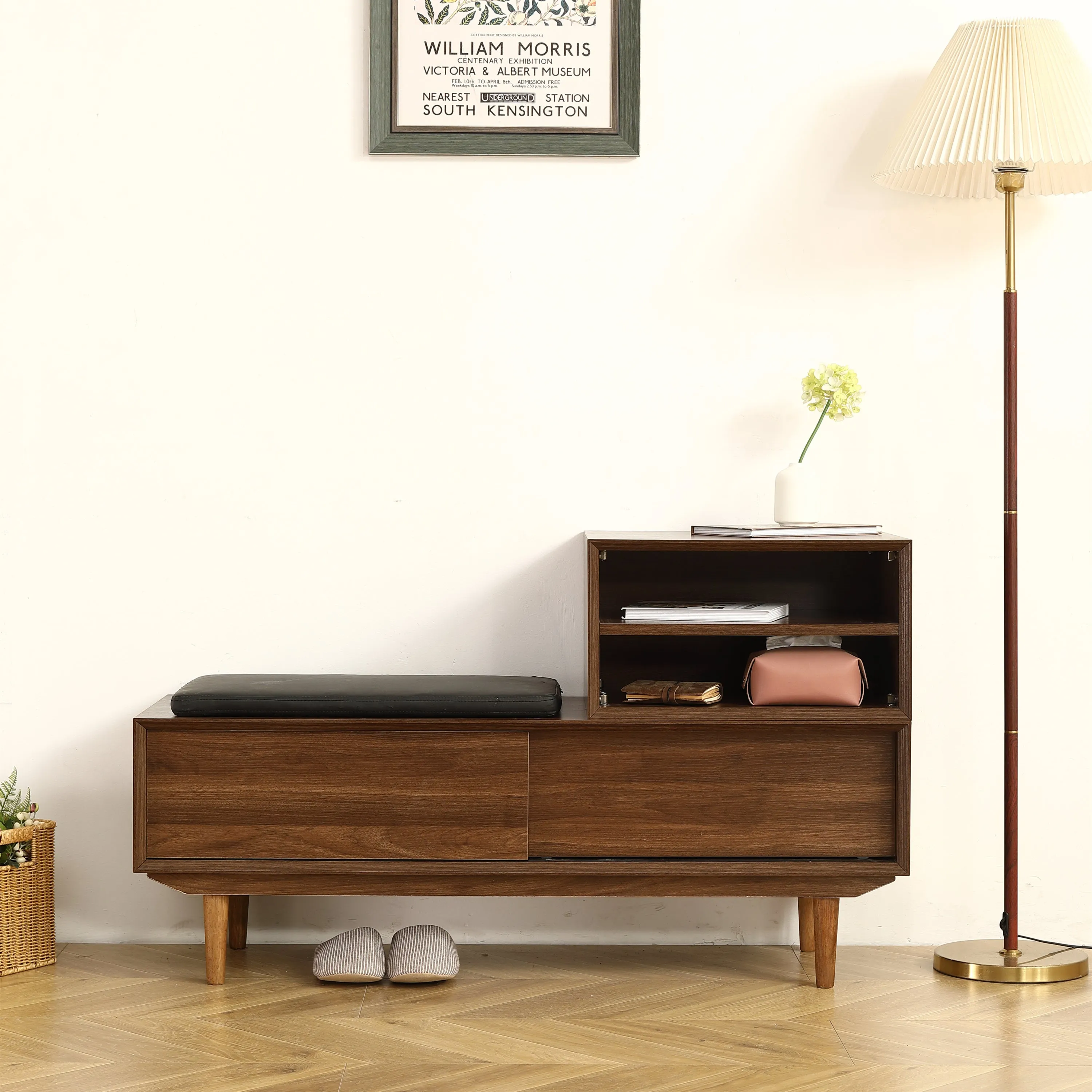 Spacious Modern Shoe Changing Cabinet - 47.24 Inch, Black Walnut Finish, Solid Wood Legs, Cushioned Seat