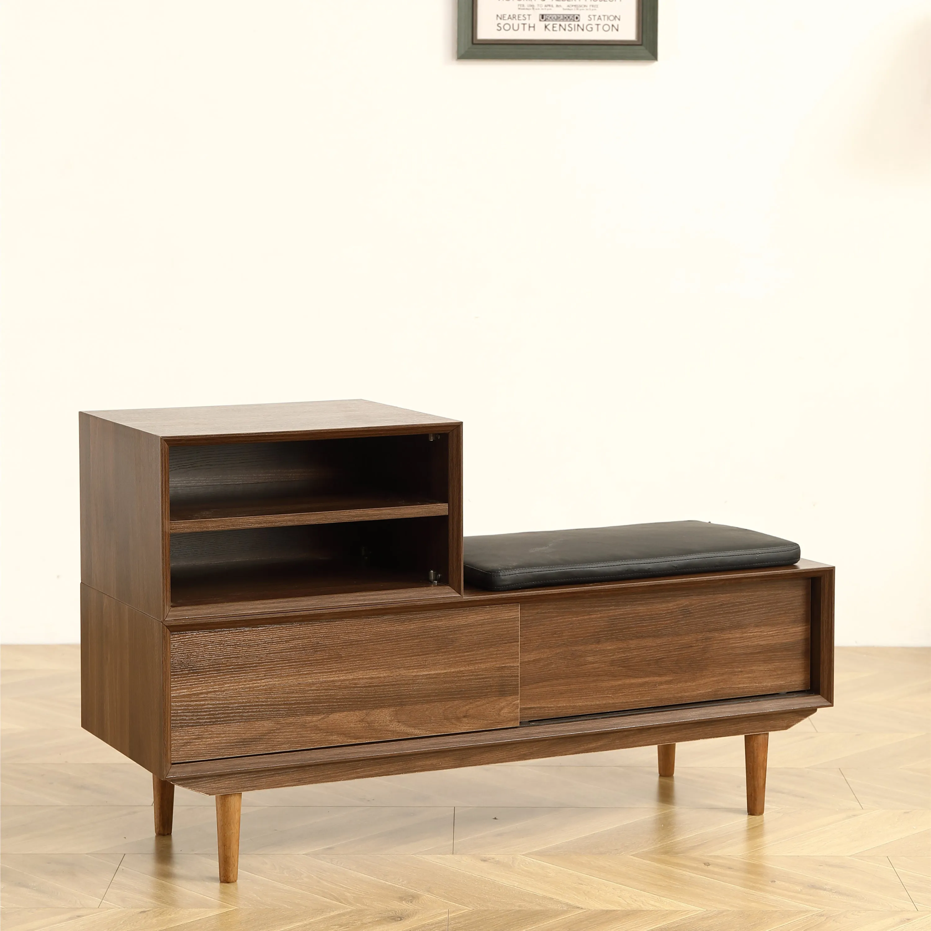 Spacious Modern Shoe Changing Cabinet - 47.24 Inch, Black Walnut Finish, Solid Wood Legs, Cushioned Seat