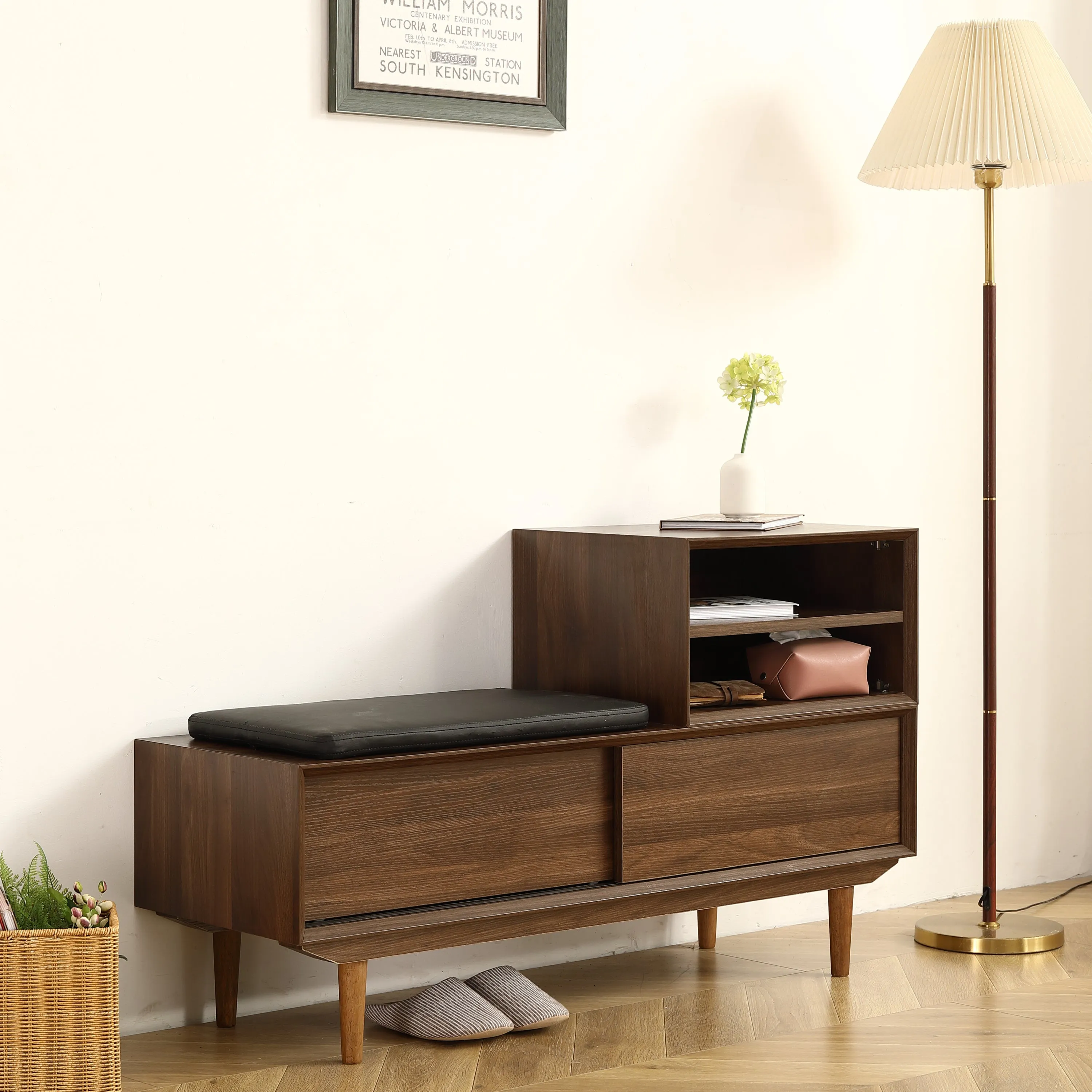 Spacious Modern Shoe Changing Cabinet - 47.24 Inch, Black Walnut Finish, Solid Wood Legs, Cushioned Seat