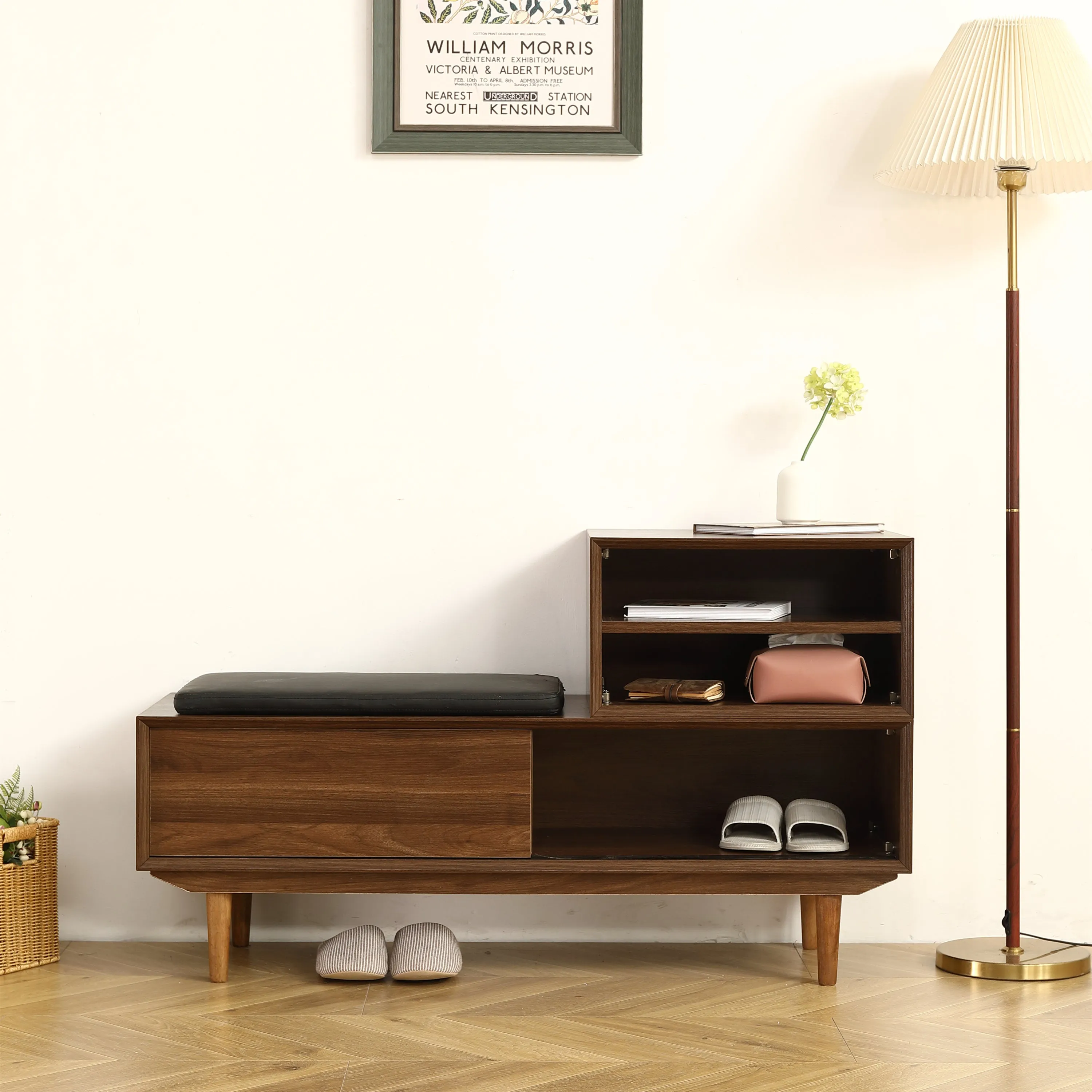 Spacious Modern Shoe Changing Cabinet - 47.24 Inch, Black Walnut Finish, Solid Wood Legs, Cushioned Seat