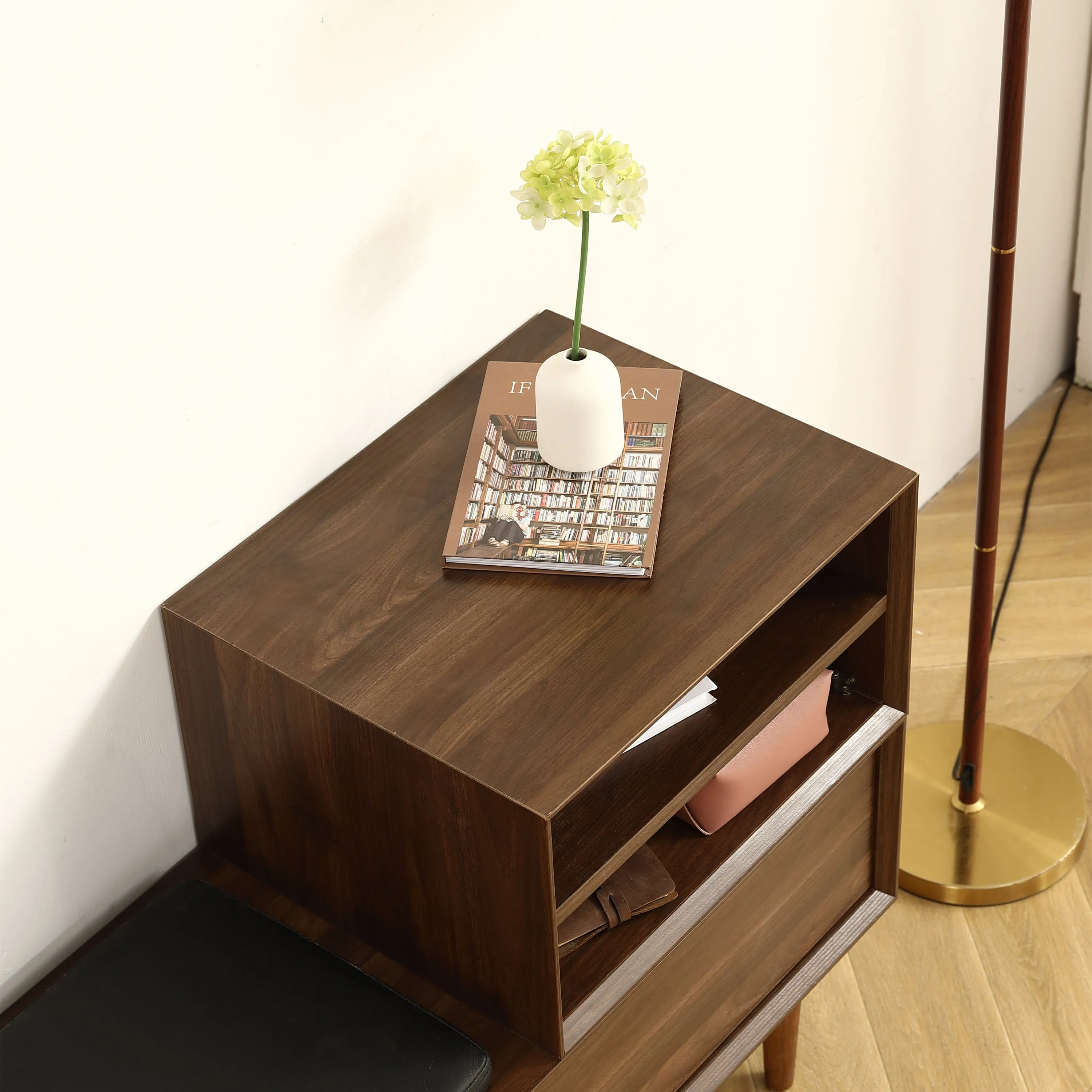 Spacious Modern Shoe Changing Cabinet - 47.24 Inch, Black Walnut Finish, Solid Wood Legs, Cushioned Seat