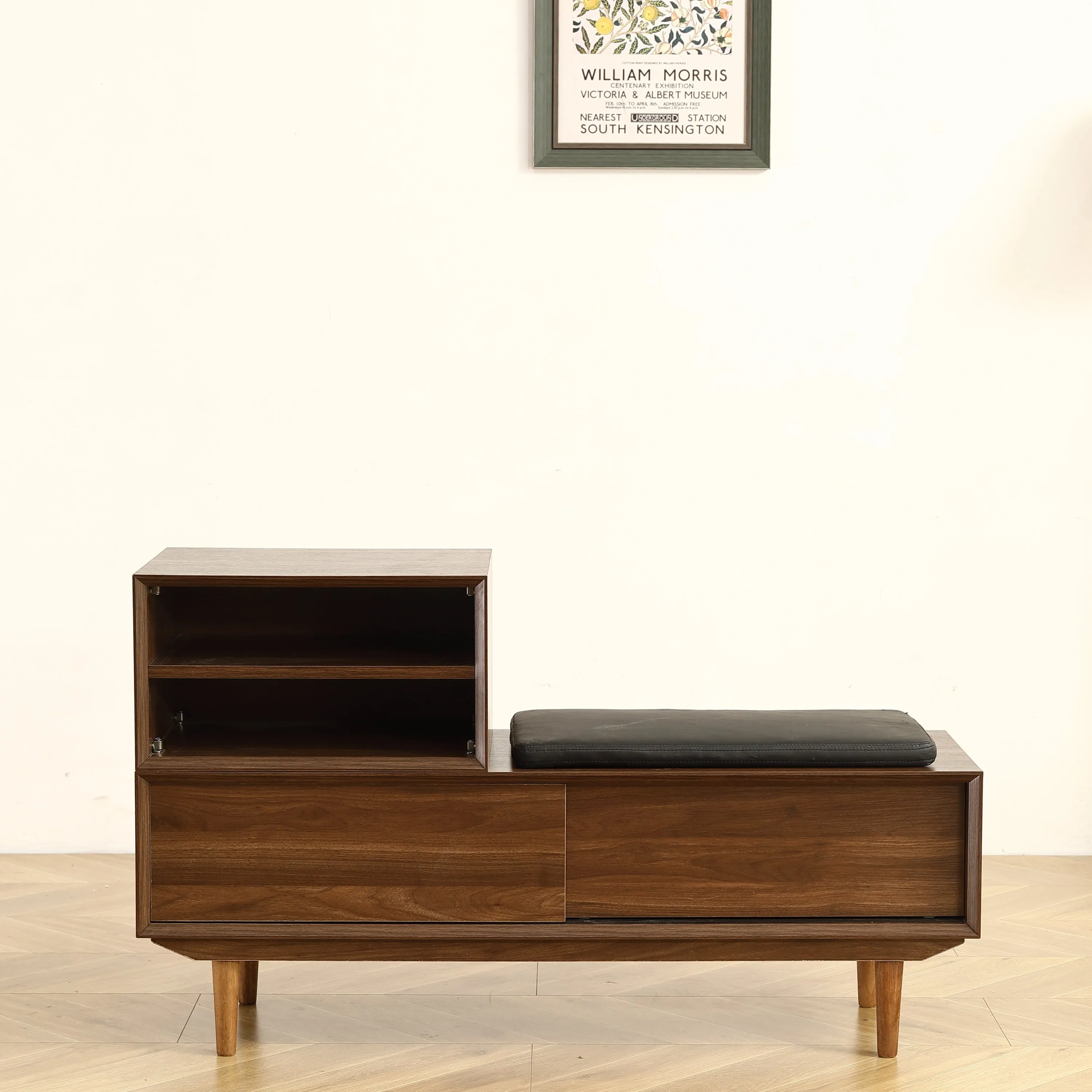 Spacious Modern Shoe Changing Cabinet - 47.24 Inch, Black Walnut Finish, Solid Wood Legs, Cushioned Seat