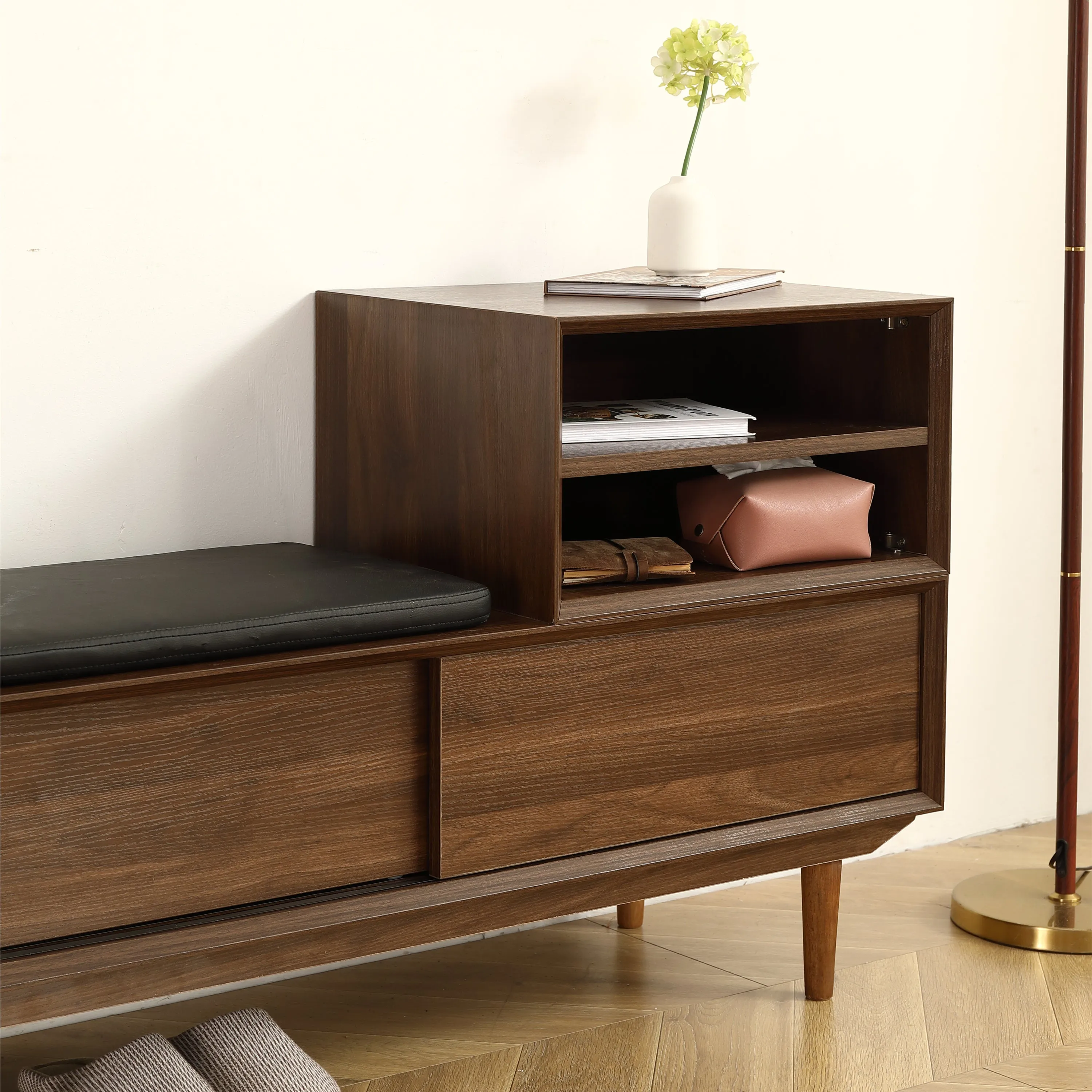 Spacious Modern Shoe Changing Cabinet - 47.24 Inch, Black Walnut Finish, Solid Wood Legs, Cushioned Seat