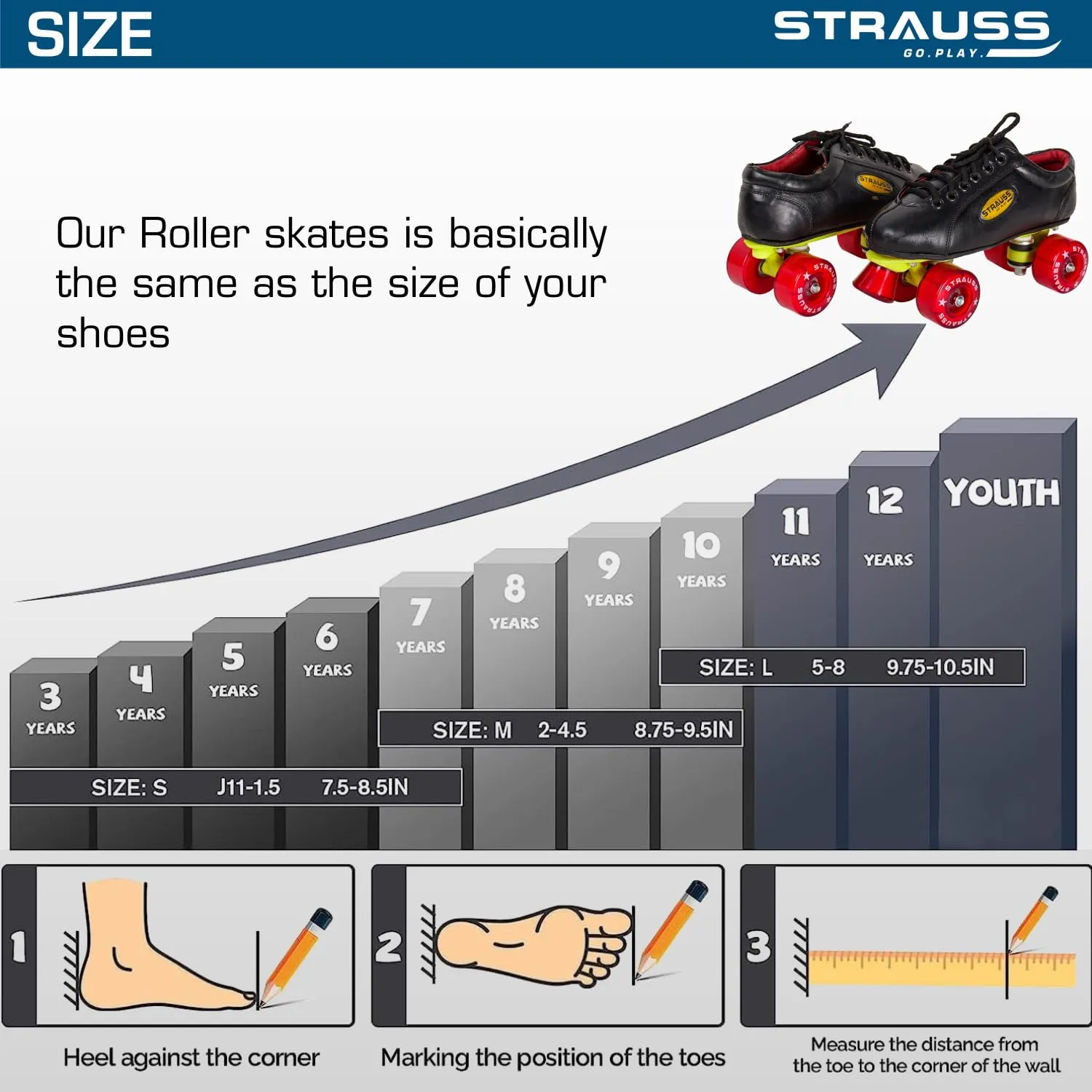 STRAUSS Gripper Skating Shoes | Fixed Body Roller Skates | Shoe Skate With PVC Wheel |Ideal For Boys, Girls and Kids |Suitable For All Skill Level | Ideal For Seniors (15 Years Above) ,Size-10, (Red/Black)