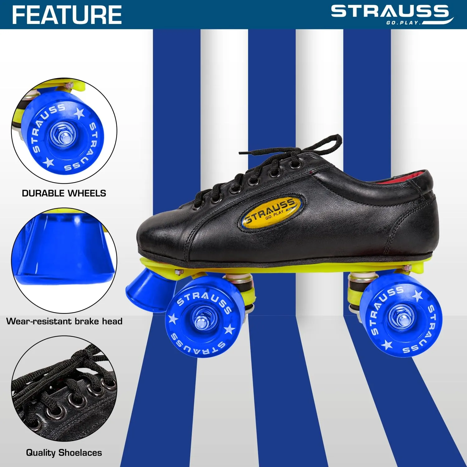 STRAUSS Gripper Skating Shoes |Fixed Body Roller Skates|Ideal for Boys, Girls and Kids|Suitable for All Skill Level | Ideal for Senior (15 Years Above) Size-9, (Blue/Black)