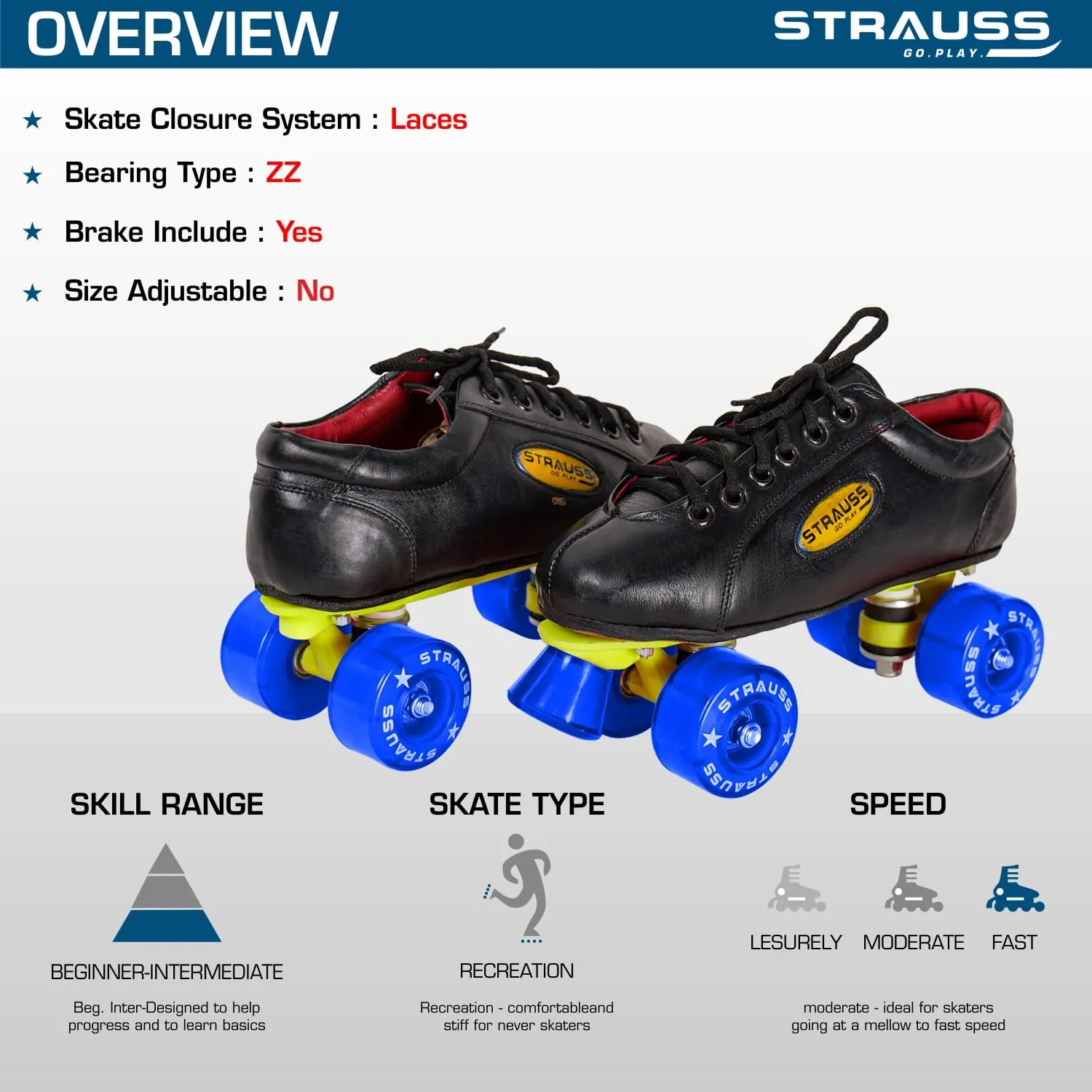 STRAUSS Gripper Skating Shoes |Fixed Body Roller Skates|Ideal for Boys, Girls and Kids|Suitable for All Skill Level | Ideal for Senior (15 Years Above) Size-9, (Blue/Black)