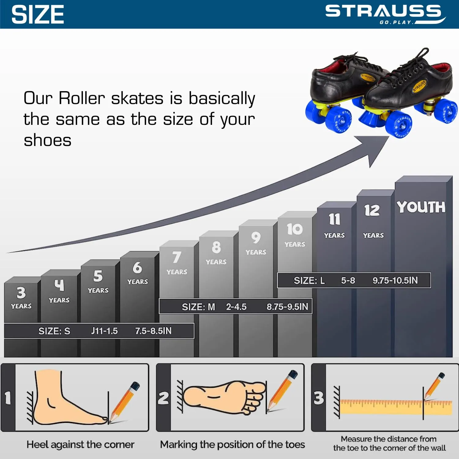 STRAUSS Gripper Skating Shoes |Fixed Body Roller Skates|Ideal for Boys, Girls and Kids|Suitable for All Skill Level | Ideal for Senior (15 Years Above) Size-9, (Blue/Black)