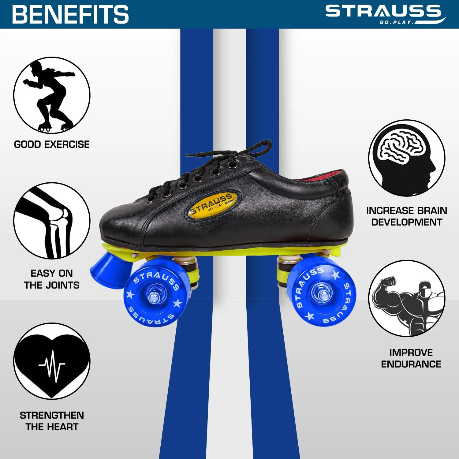 STRAUSS Gripper Skating Shoes |Fixed Body Roller Skates|Ideal for Boys, Girls and Kids|Suitable for All Skill Level | Ideal for Senior (15 Years Above) Size-9, (Blue/Black)