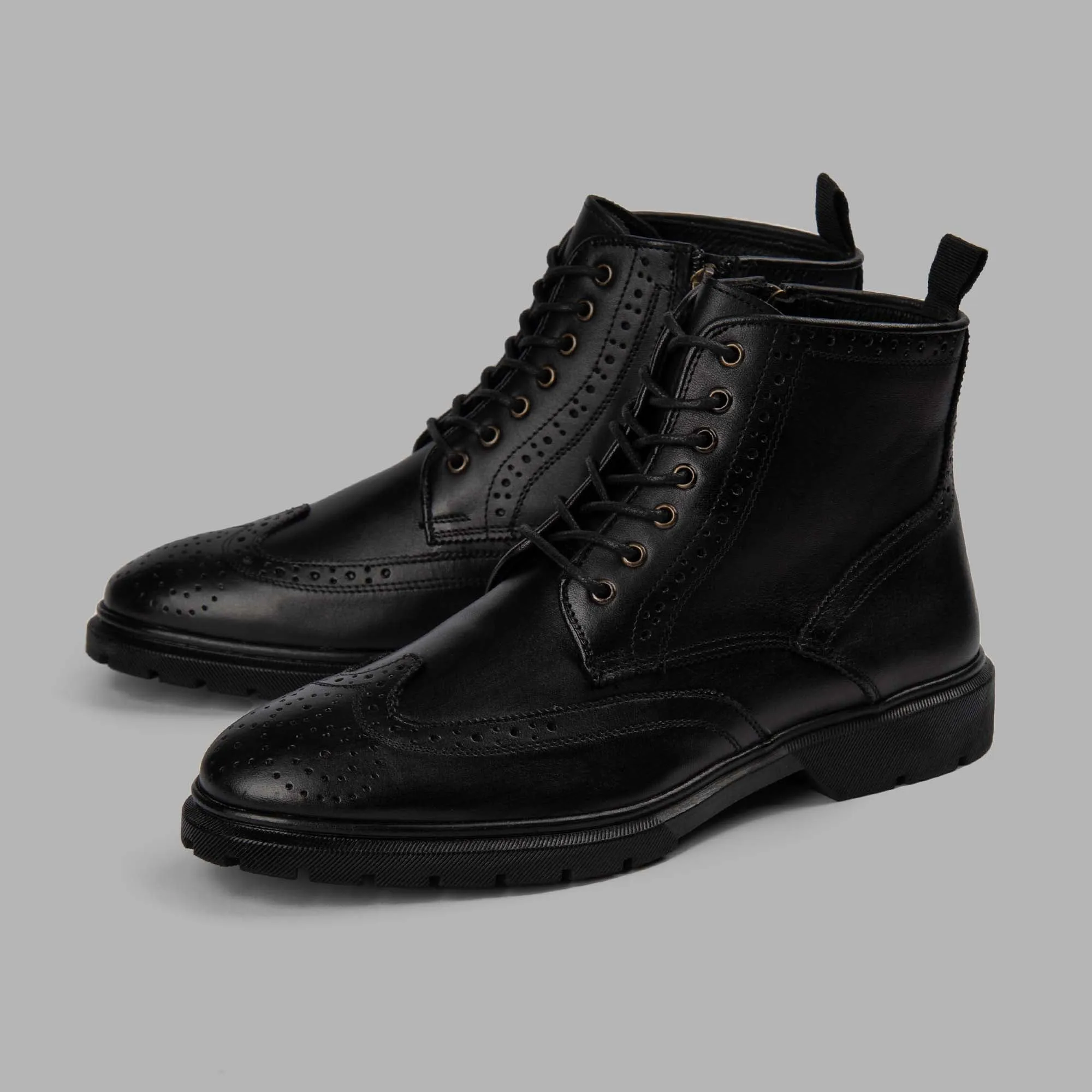 SUEDE BROGUE GENUINE LEATHER HALF BOOTS - BLACK