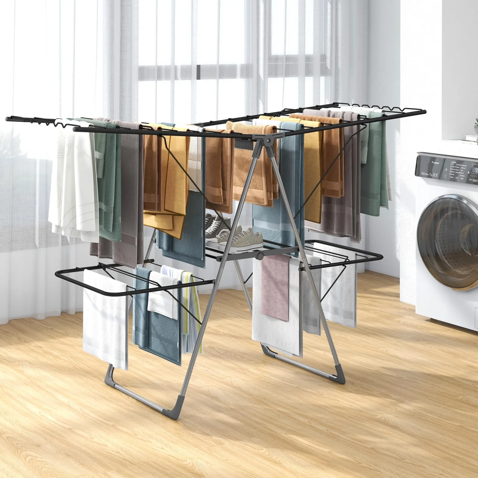 Tangkula Laundry Drying Rack, Foldable Clothes Drying Rack with Height Adjustable Wings, 33 Drying Rails & Sock Clips