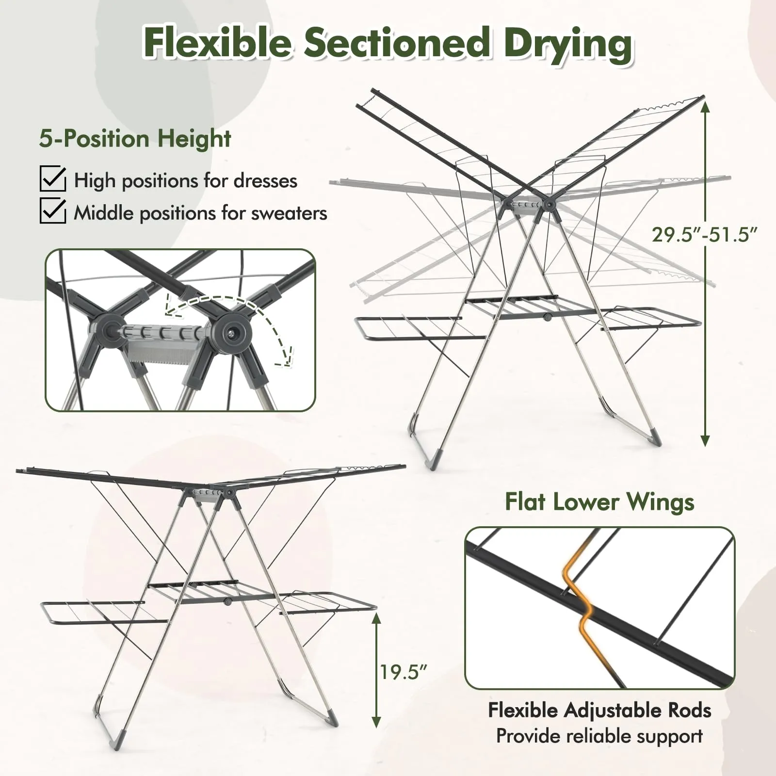 Tangkula Laundry Drying Rack, Foldable Clothes Drying Rack with Height Adjustable Wings, 33 Drying Rails & Sock Clips