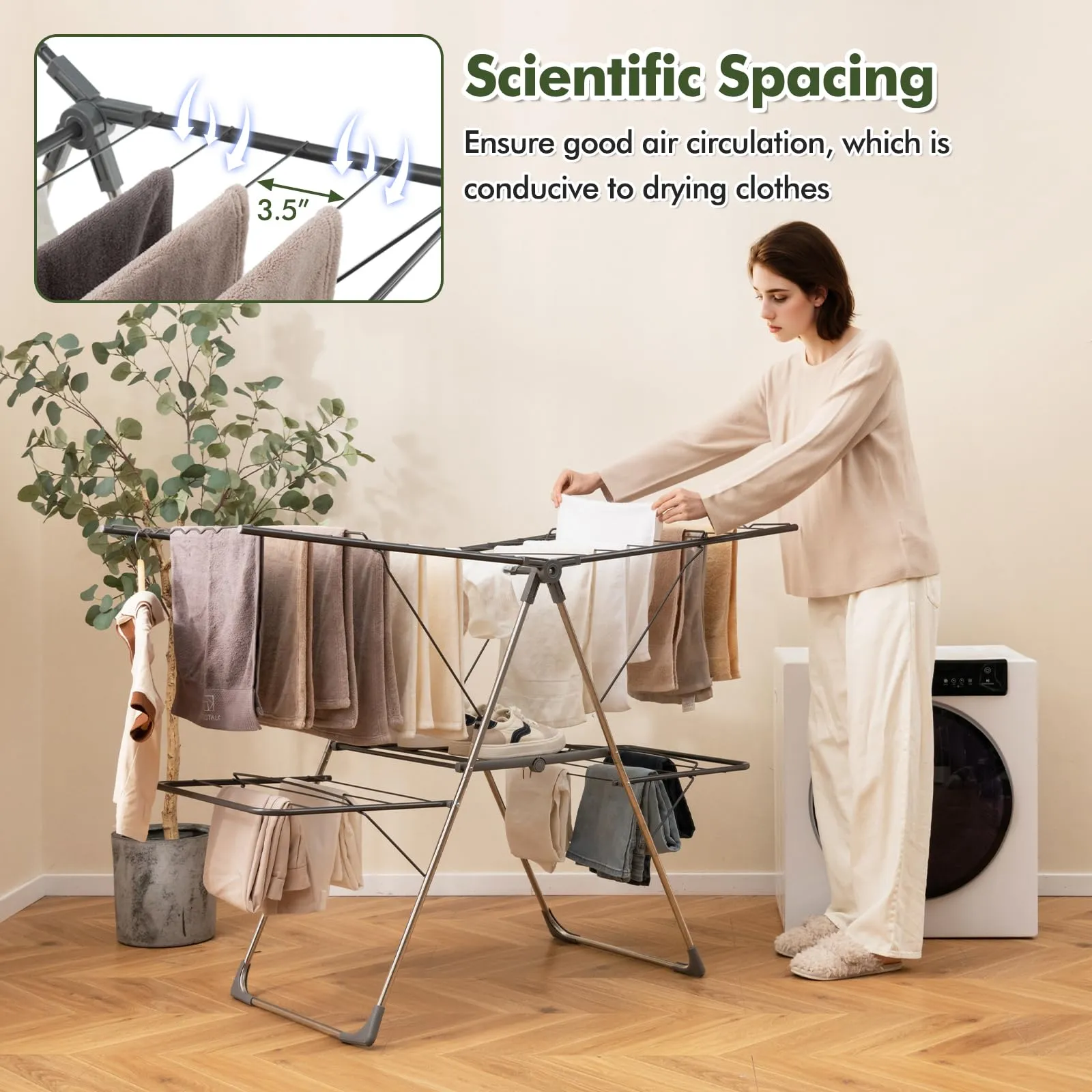 Tangkula Laundry Drying Rack, Foldable Clothes Drying Rack with Height Adjustable Wings, 33 Drying Rails & Sock Clips