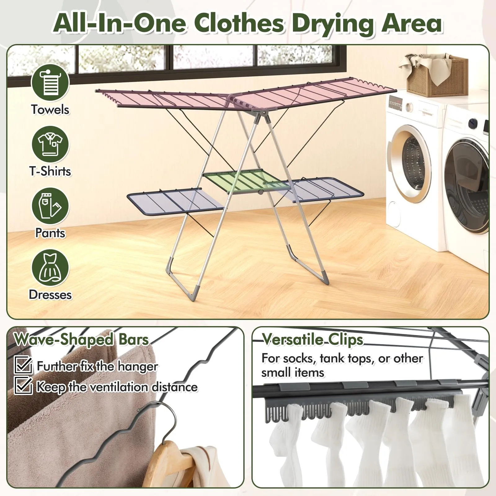 Tangkula Laundry Drying Rack, Foldable Clothes Drying Rack with Height Adjustable Wings, 33 Drying Rails & Sock Clips