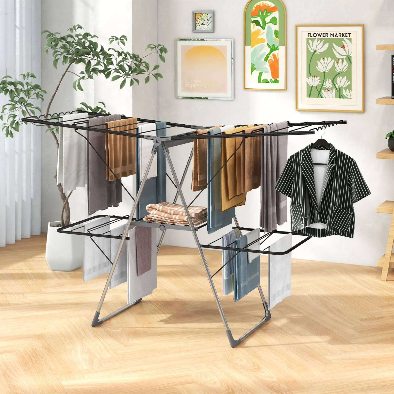 Tangkula Laundry Drying Rack, Foldable Clothes Drying Rack with Height Adjustable Wings, 33 Drying Rails & Sock Clips