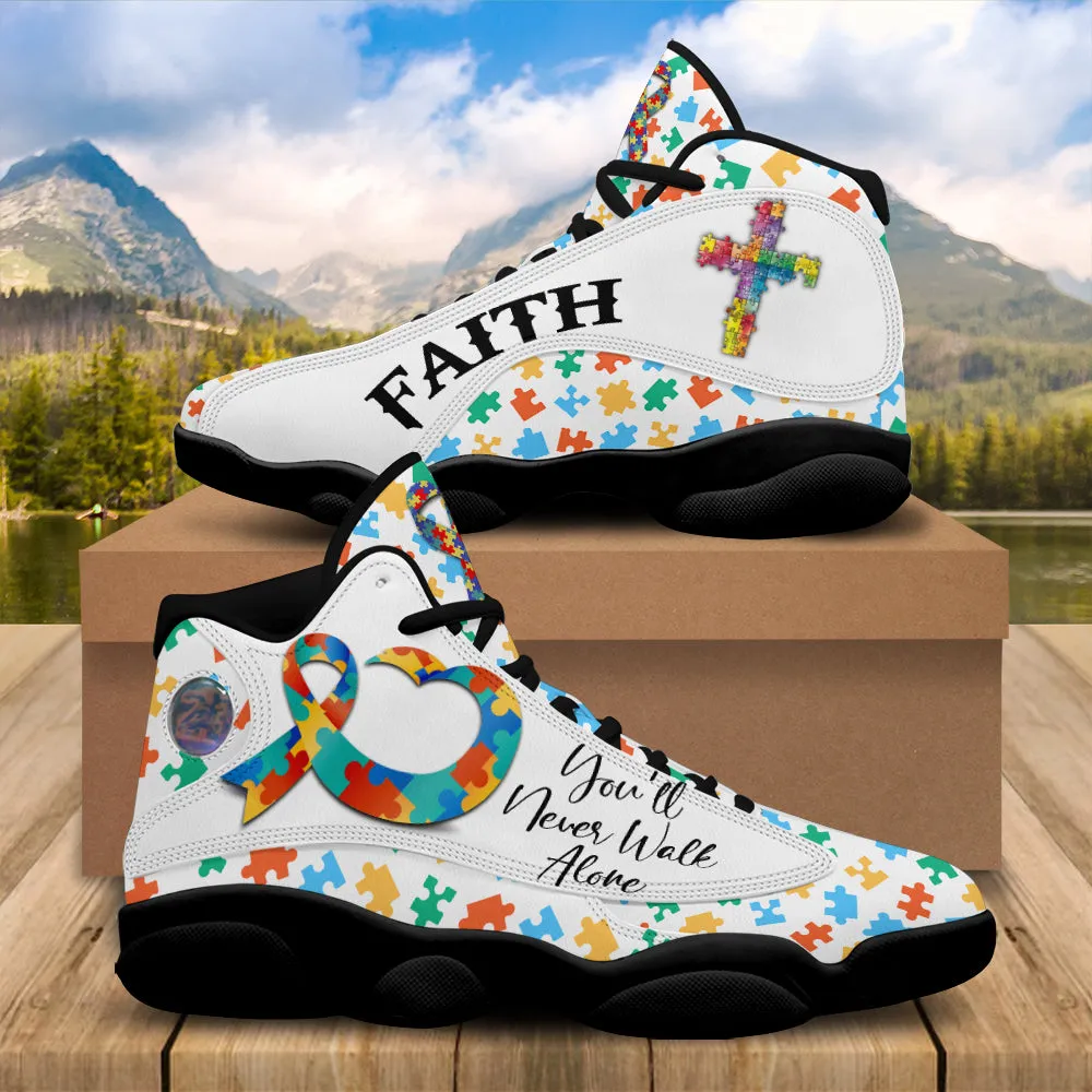 Teesdily | Custom You'll Never Walk Alone Autism Awareness Basketball Shoes, Christian Cross Running Shoes, Autism Support Gift