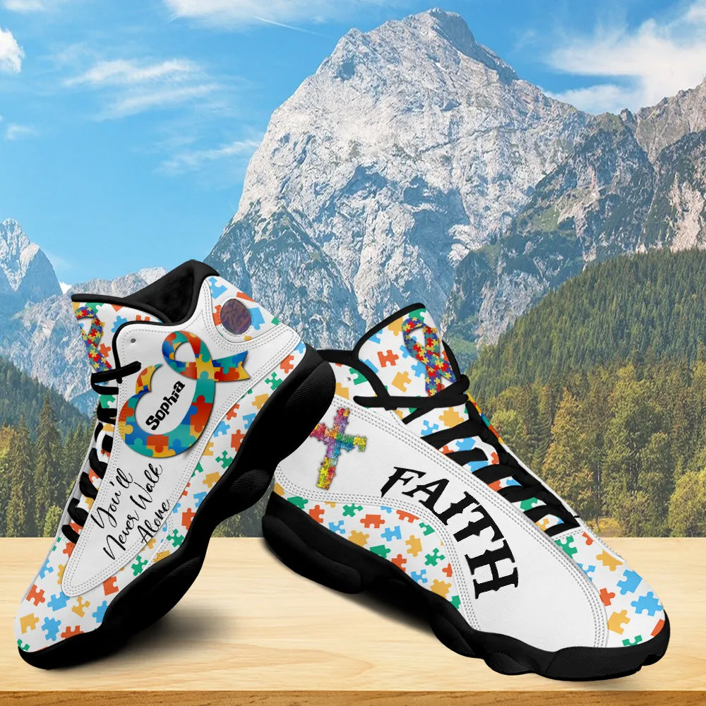 Teesdily | Custom You'll Never Walk Alone Autism Awareness Basketball Shoes, Christian Cross Running Shoes, Autism Support Gift