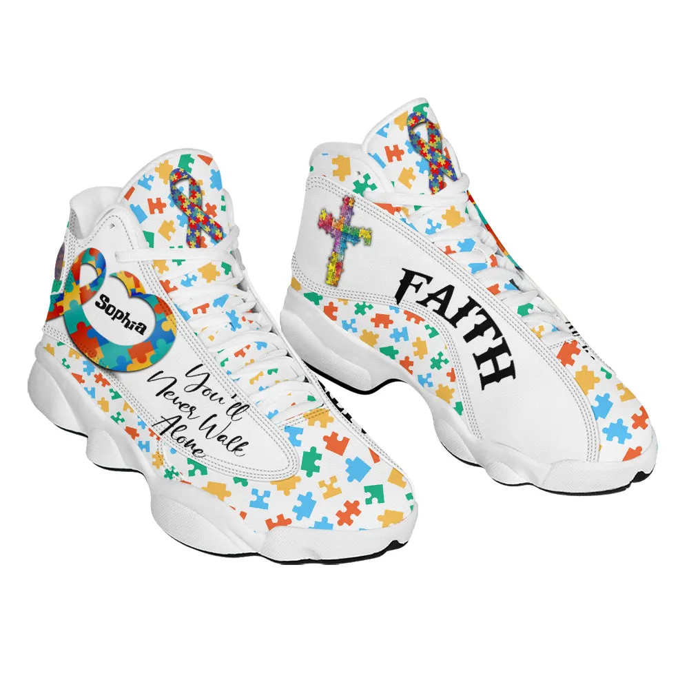 Teesdily | Custom You'll Never Walk Alone Autism Awareness Basketball Shoes, Christian Cross Running Shoes, Autism Support Gift