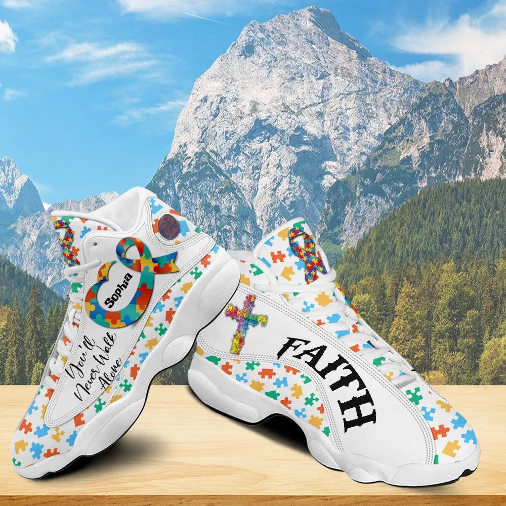 Teesdily | Custom You'll Never Walk Alone Autism Awareness Basketball Shoes, Christian Cross Running Shoes, Autism Support Gift