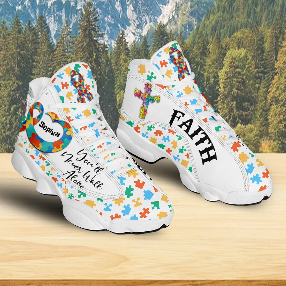 Teesdily | Custom You'll Never Walk Alone Autism Awareness Basketball Shoes, Christian Cross Running Shoes, Autism Support Gift