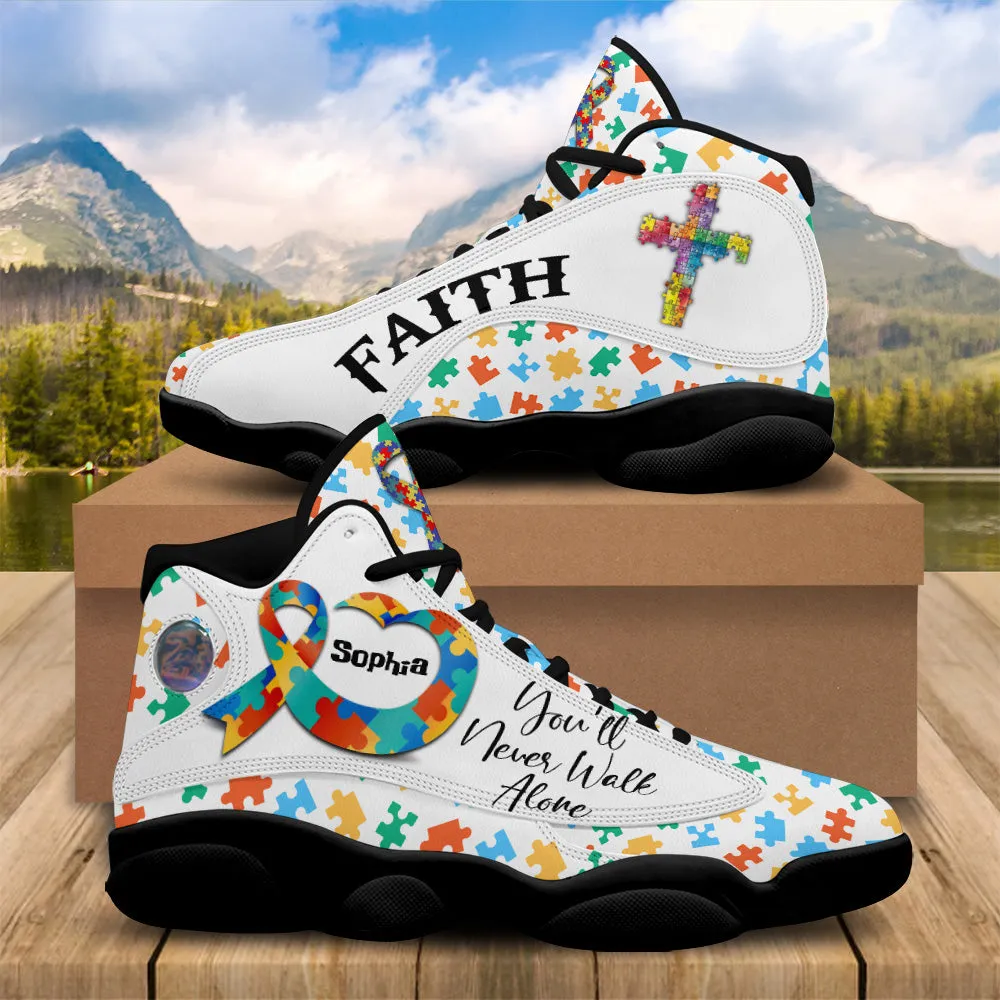 Teesdily | Custom You'll Never Walk Alone Autism Awareness Basketball Shoes, Christian Cross Running Shoes, Autism Support Gift