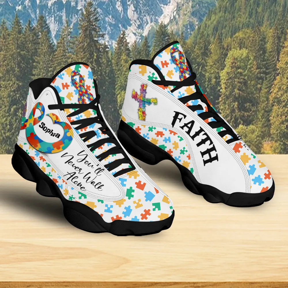 Teesdily | Custom You'll Never Walk Alone Autism Awareness Basketball Shoes, Christian Cross Running Shoes, Autism Support Gift