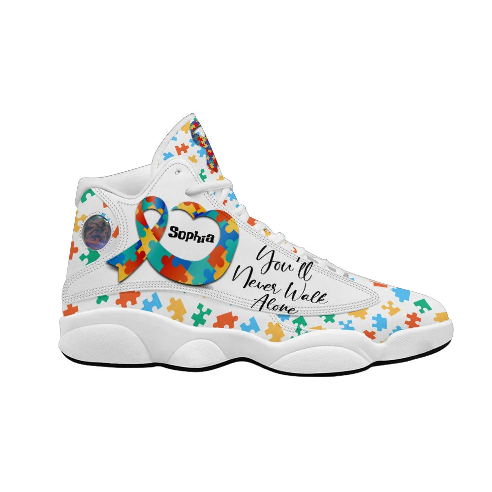 Teesdily | Custom You'll Never Walk Alone Autism Awareness Basketball Shoes, Christian Cross Running Shoes, Autism Support Gift