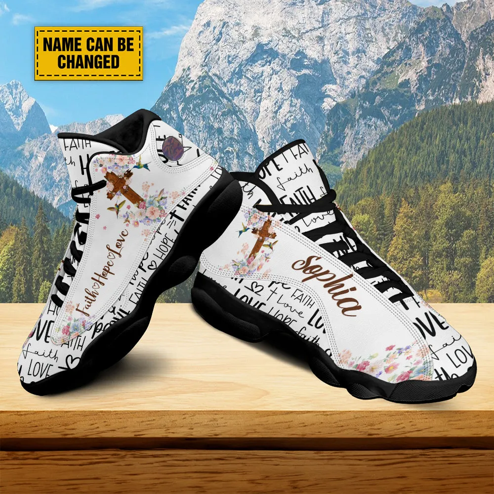 Teesdily | Customized Jesus Cross Hummingbird Flower Basketball Shoes, Faith Hope Love Footwear, Christ Religious Running Shoes