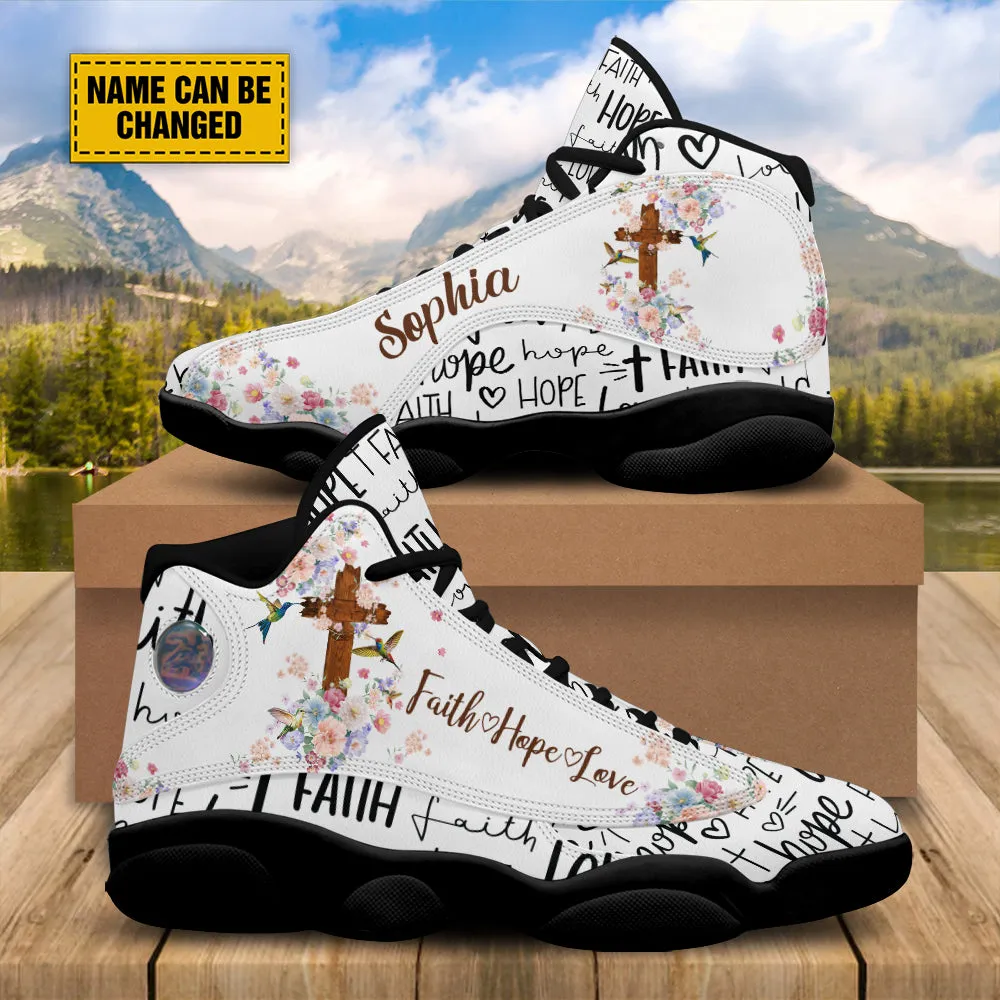 Teesdily | Customized Jesus Cross Hummingbird Flower Basketball Shoes, Faith Hope Love Footwear, Christ Religious Running Shoes