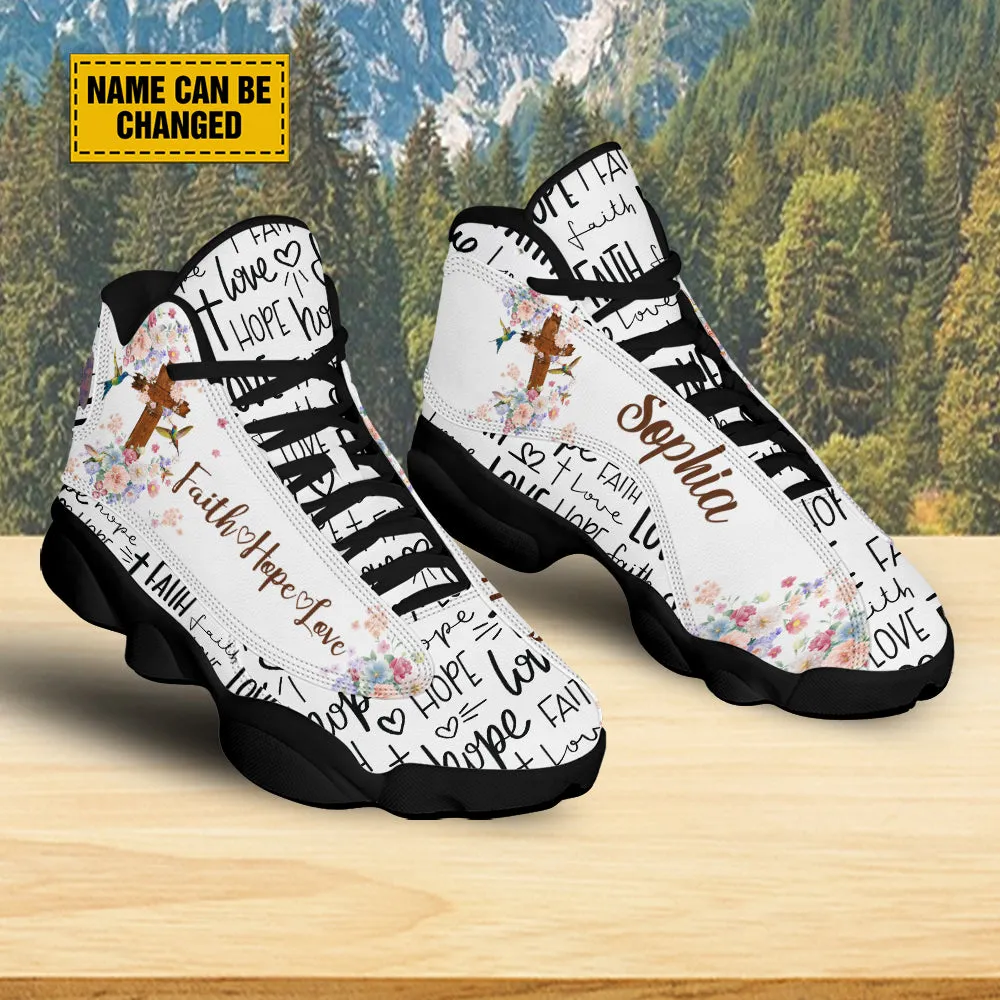 Teesdily | Customized Jesus Cross Hummingbird Flower Basketball Shoes, Faith Hope Love Footwear, Christ Religious Running Shoes