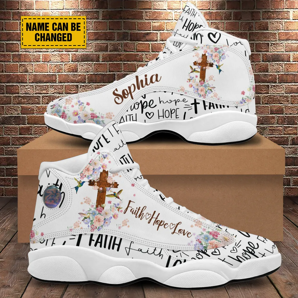 Teesdily | Customized Jesus Cross Hummingbird Flower Basketball Shoes, Faith Hope Love Footwear, Christ Religious Running Shoes