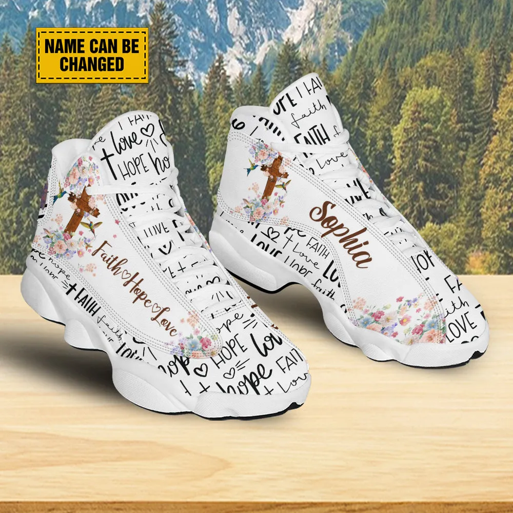 Teesdily | Customized Jesus Cross Hummingbird Flower Basketball Shoes, Faith Hope Love Footwear, Christ Religious Running Shoes