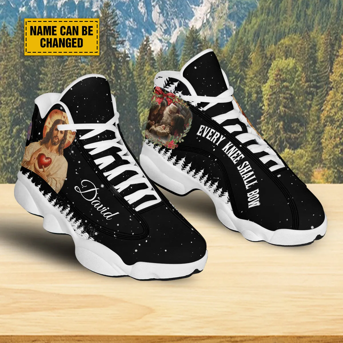 Teesdily | Personalized Every Knee Shall Bow Basketball Shoes, Santa Claus Baby Jesus Running Shoes, Christmas Jesus Christ Shoes