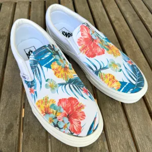 Tropical Hawaiian White Slip On Vans Shoes