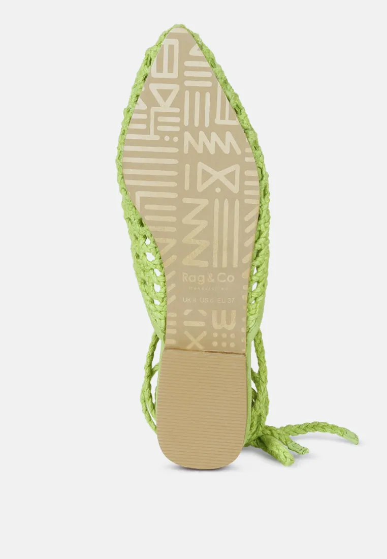 TUTSI Green Handwoven Honeycomb Tie Up Flat Mules