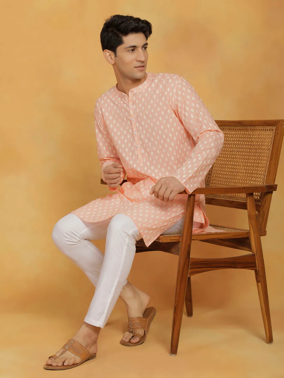 Vastramay Men's Peach Cotton Kurta Set