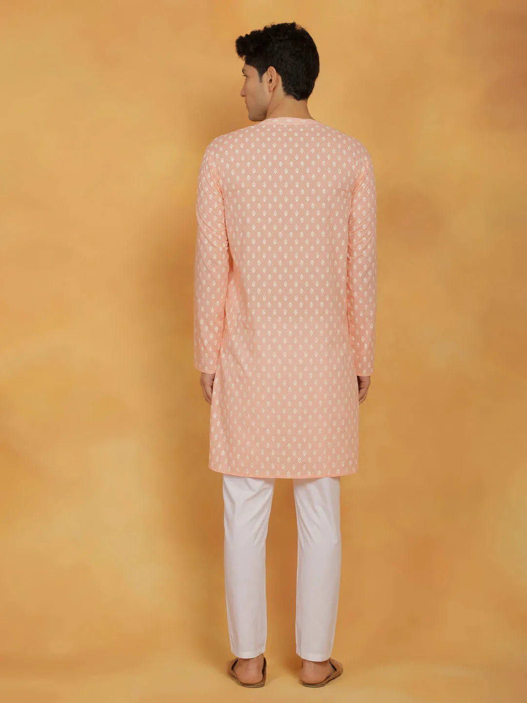 Vastramay Men's Peach Cotton Kurta Set