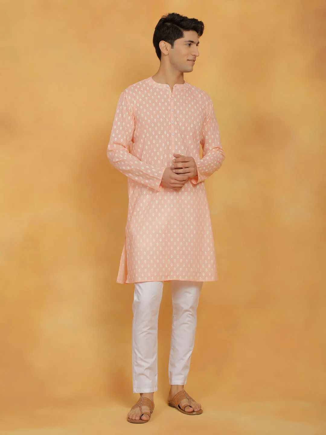 Vastramay Men's Peach Cotton Kurta Set