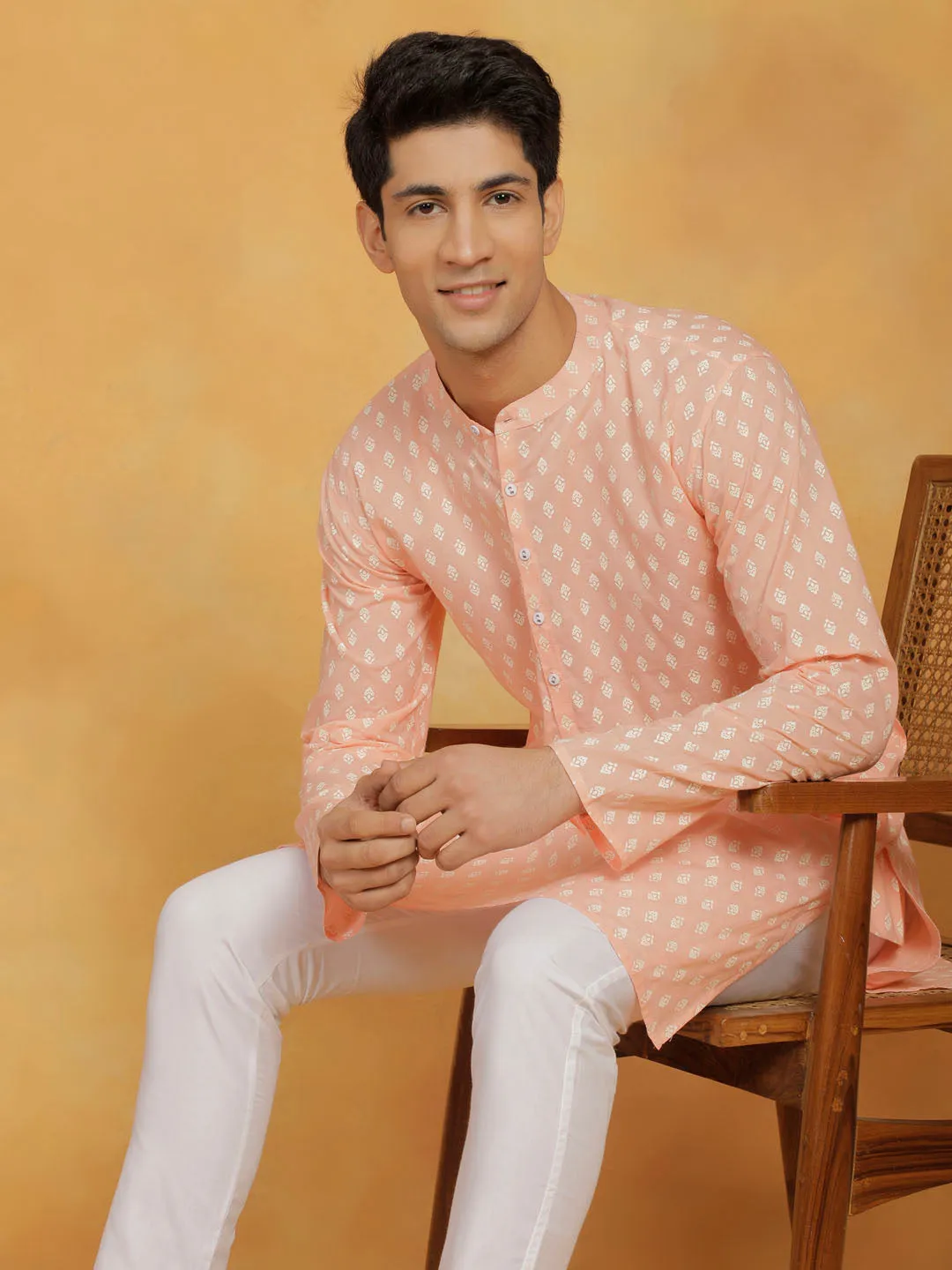 Vastramay Men's Peach Cotton Kurta Set