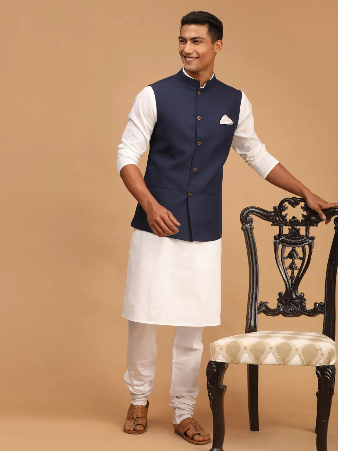 VASTRAMAY Navy Blue Nehru Jacket Kurta Set