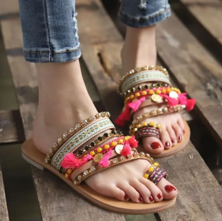 Vintage Boho Beach Tassels Flat Sandals Shoes