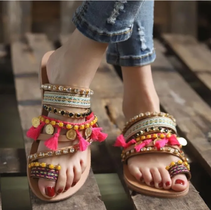 Vintage Boho Beach Tassels Flat Sandals Shoes