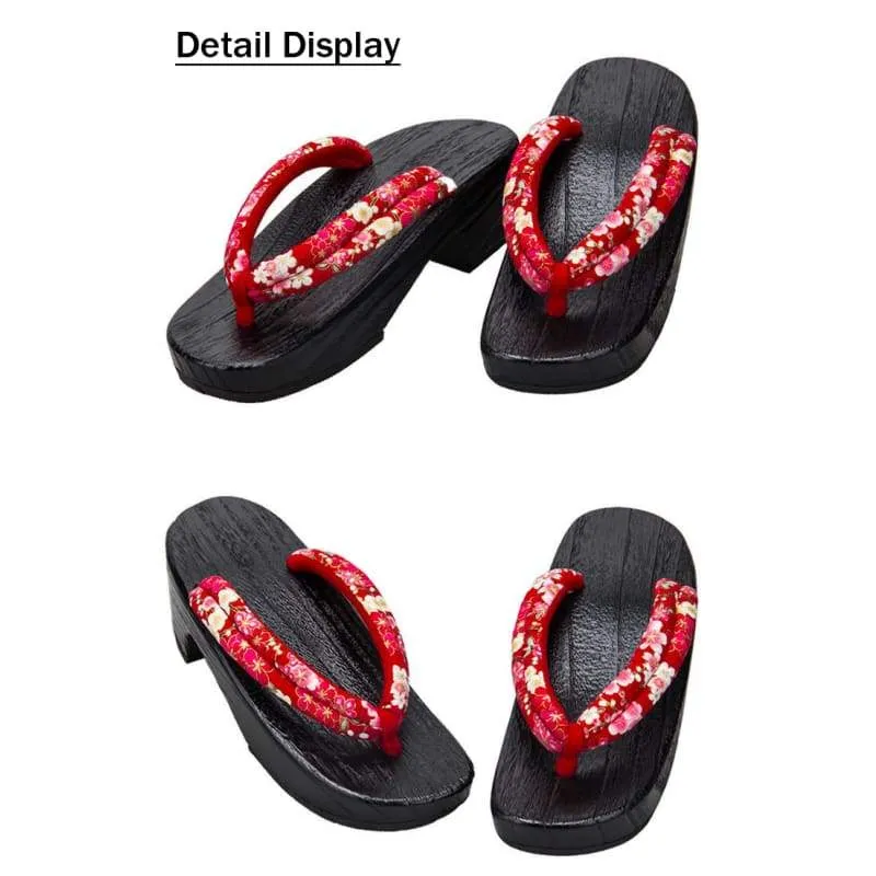 Women High Heel Geta Wooden Sandals 【Black Base Cherry Blossom】